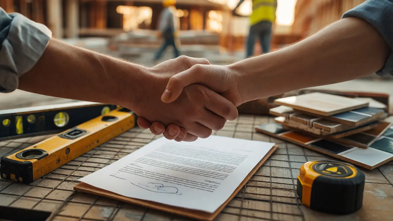 Podpis smlouvy o dílo mezi klientem a stavební firmou na stavbě