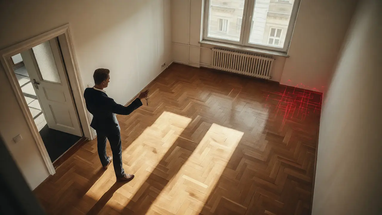 Předání klíčů nájemci v prázdném bytě s důrazem na stav podlahy.