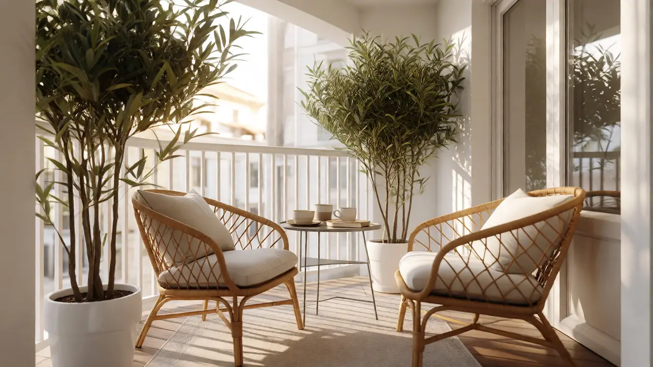Stylově zařízený balkon s křesly, rostlinami a kávou ve dne