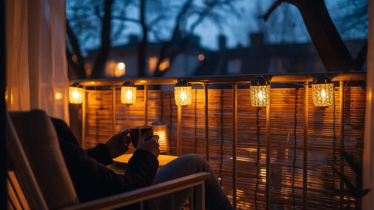 Útulný večerní balkon s měkkým osvětlením a relaxací